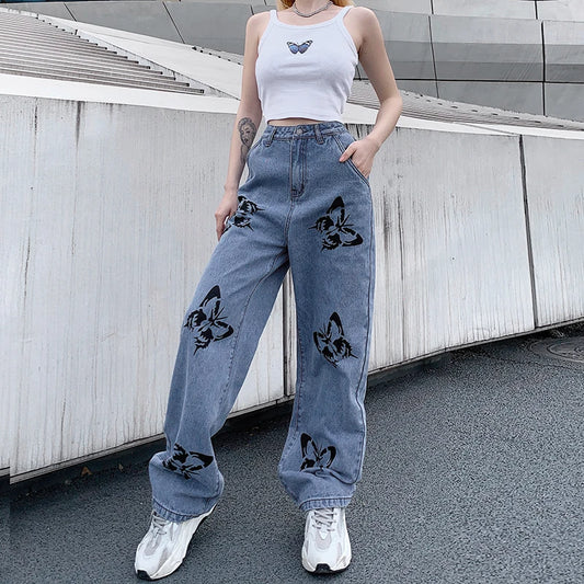 Butterfly Print Wide-Leg Jeans