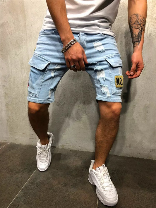 Distressed Denim Cargo Shorts