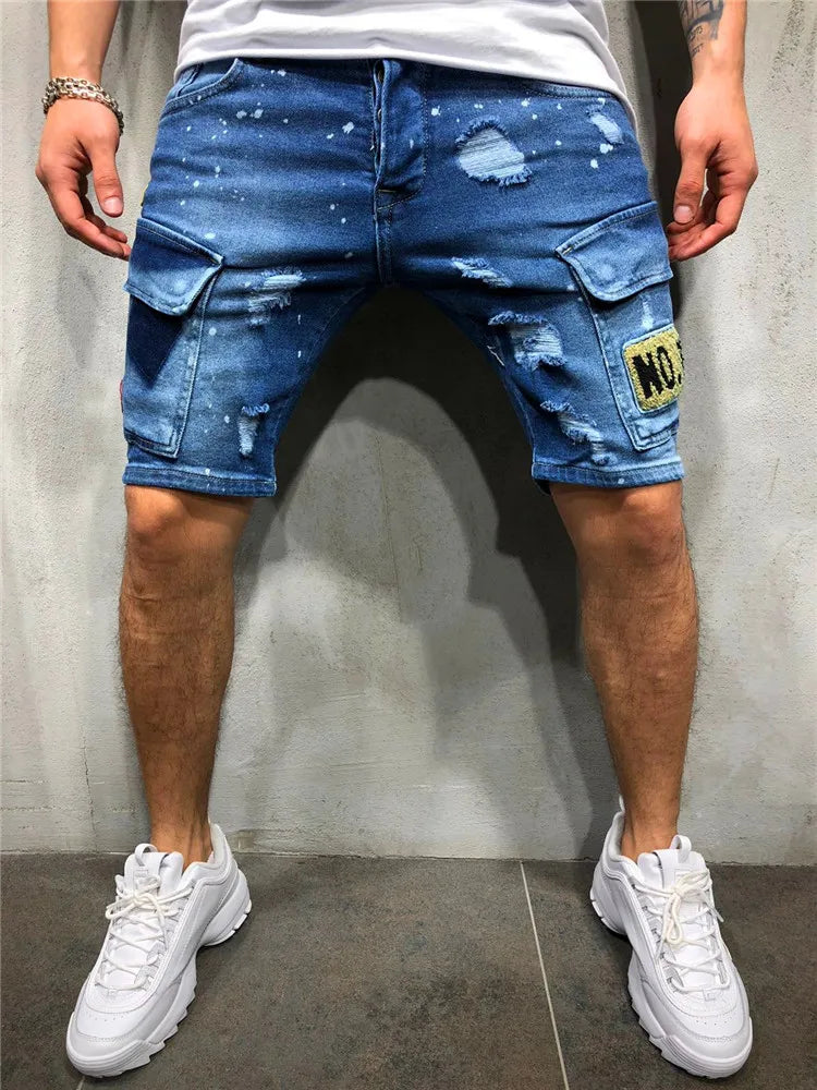 Distressed Denim Cargo Shorts