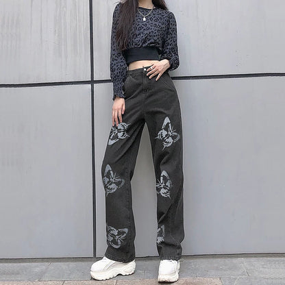 Butterfly Print Wide-Leg Jeans