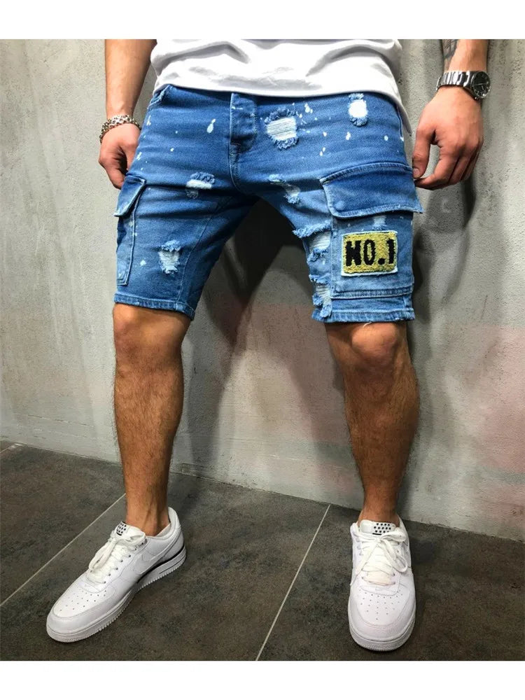 Distressed Denim Cargo Shorts