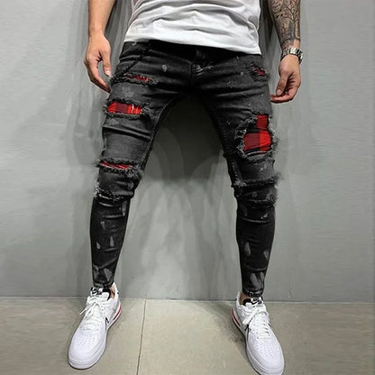 Distressed Plaid Patch Skinny Jeans