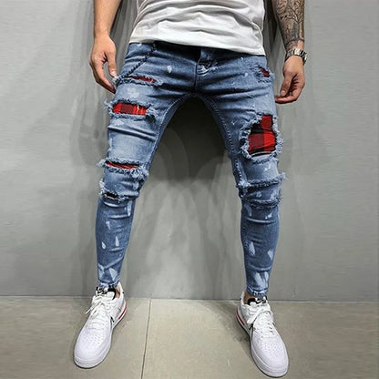 Distressed Plaid Patch Skinny Jeans