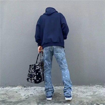 y2k Jeans Painting Patch Baggy Stacked Jeans Y2K Cargo Flare Pants For Men Clothing Washed Blue Denim Trousers pants for mens