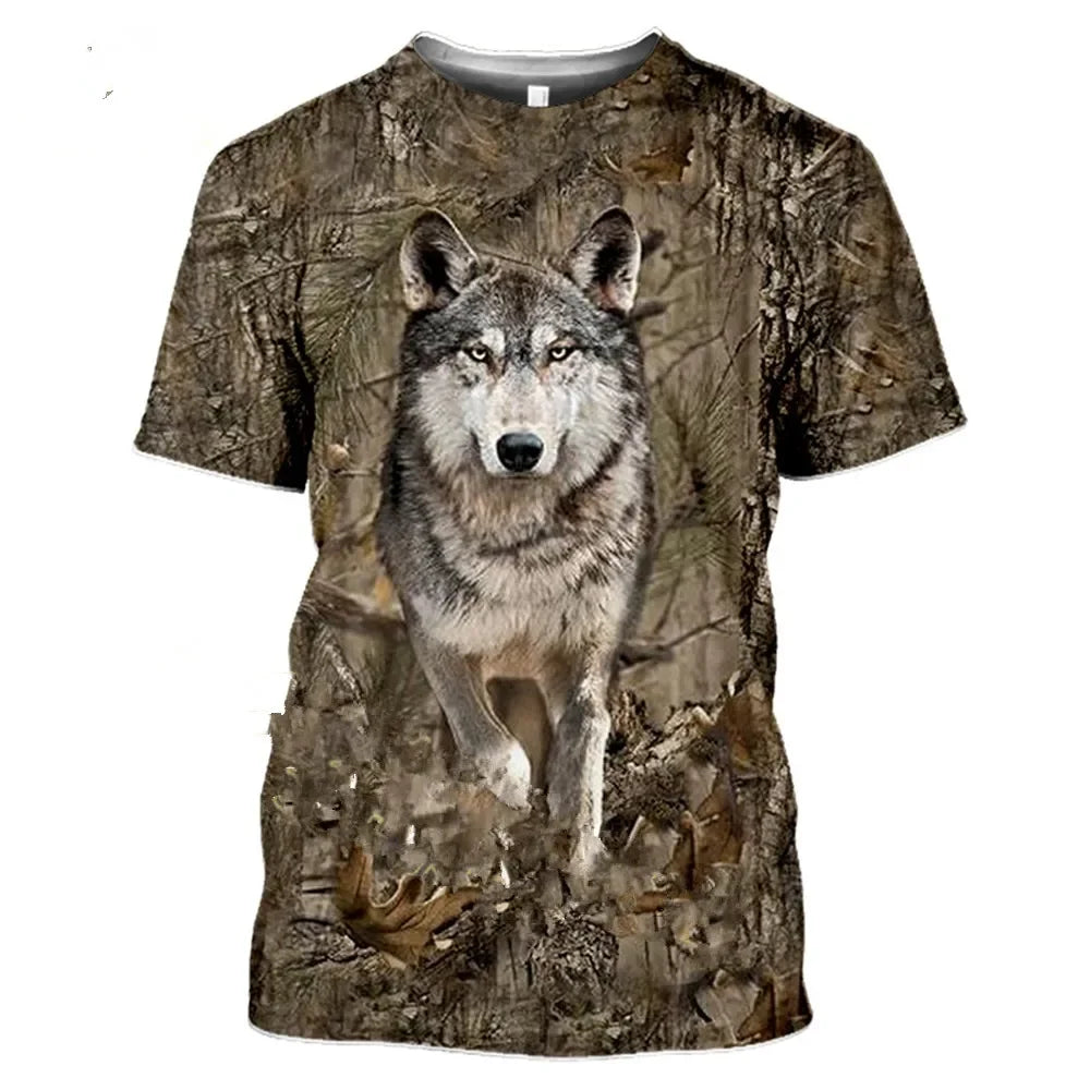 Men's and women's camouflage hunting animal 3D T-shirt, deer, wild boar, wolf print short sleeved shirt, urban fashion