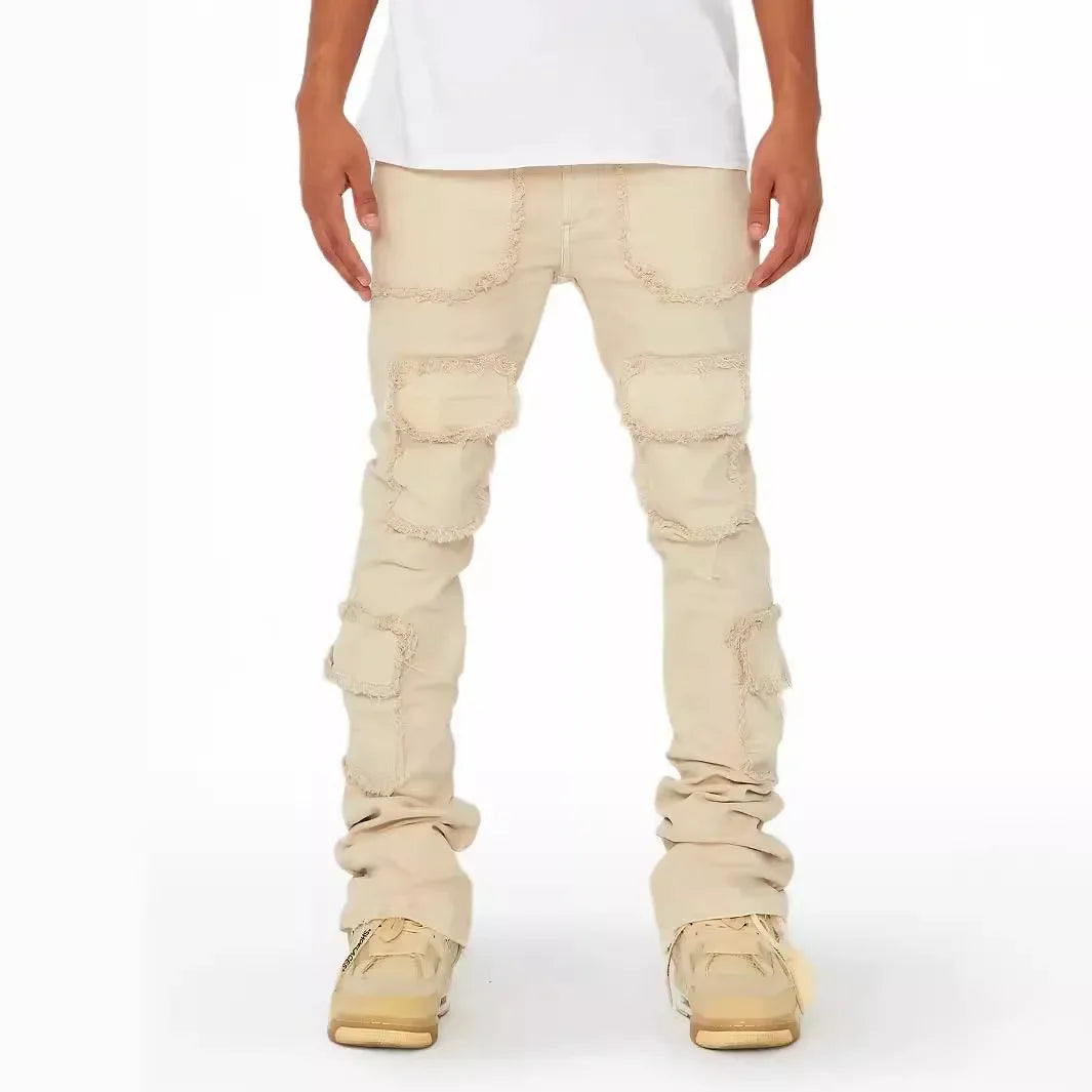 Beige Distressed Stacked Jeans