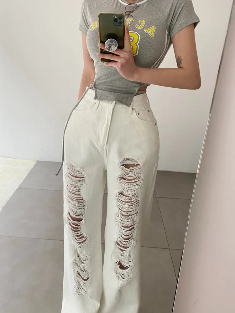 2024 Ropa Grunge Y2K Streetwear Red Stacked Ripped Baggy Jeans Pants Women Clothes Korean Fashion Lady Trousers Pantalon Femme