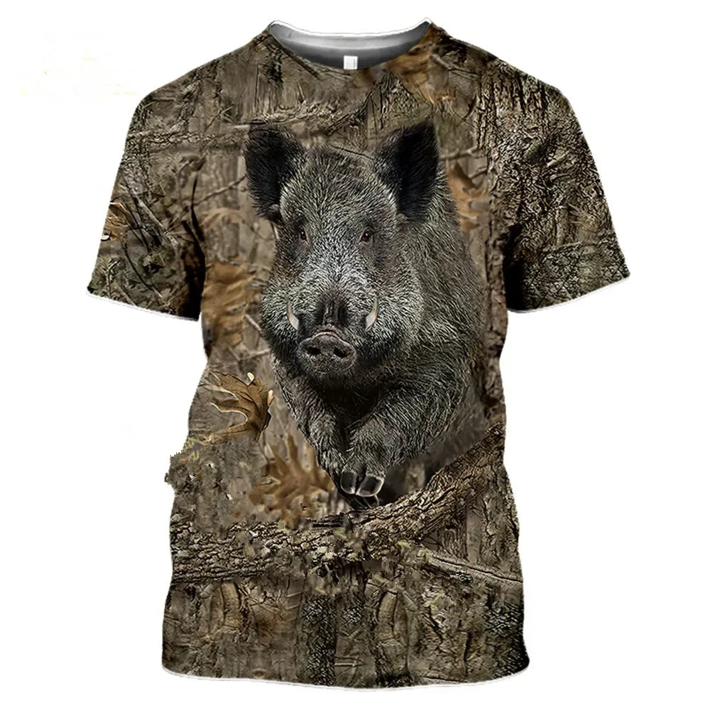 Men's and women's camouflage hunting animal 3D T-shirt, deer, wild boar, wolf print short sleeved shirt, urban fashion