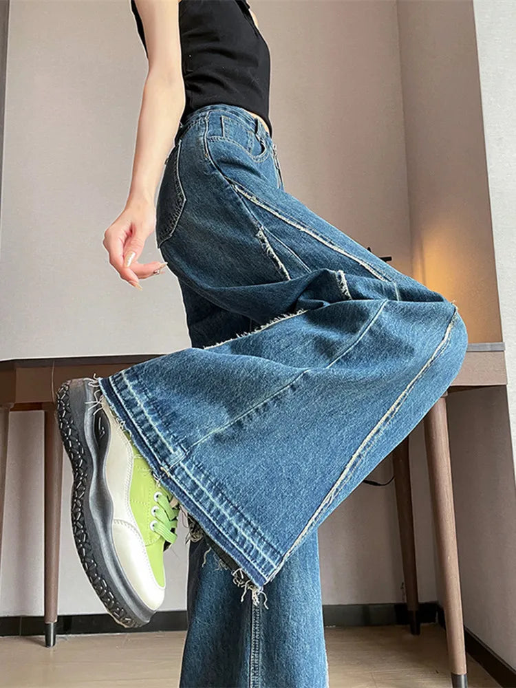 2023 Korean Y2K Fashion Vintage Blue Baggy Stacked Flare Jeans Pants Women Clothes Wide Leg Lady Casual Trousers Pantalon Femme