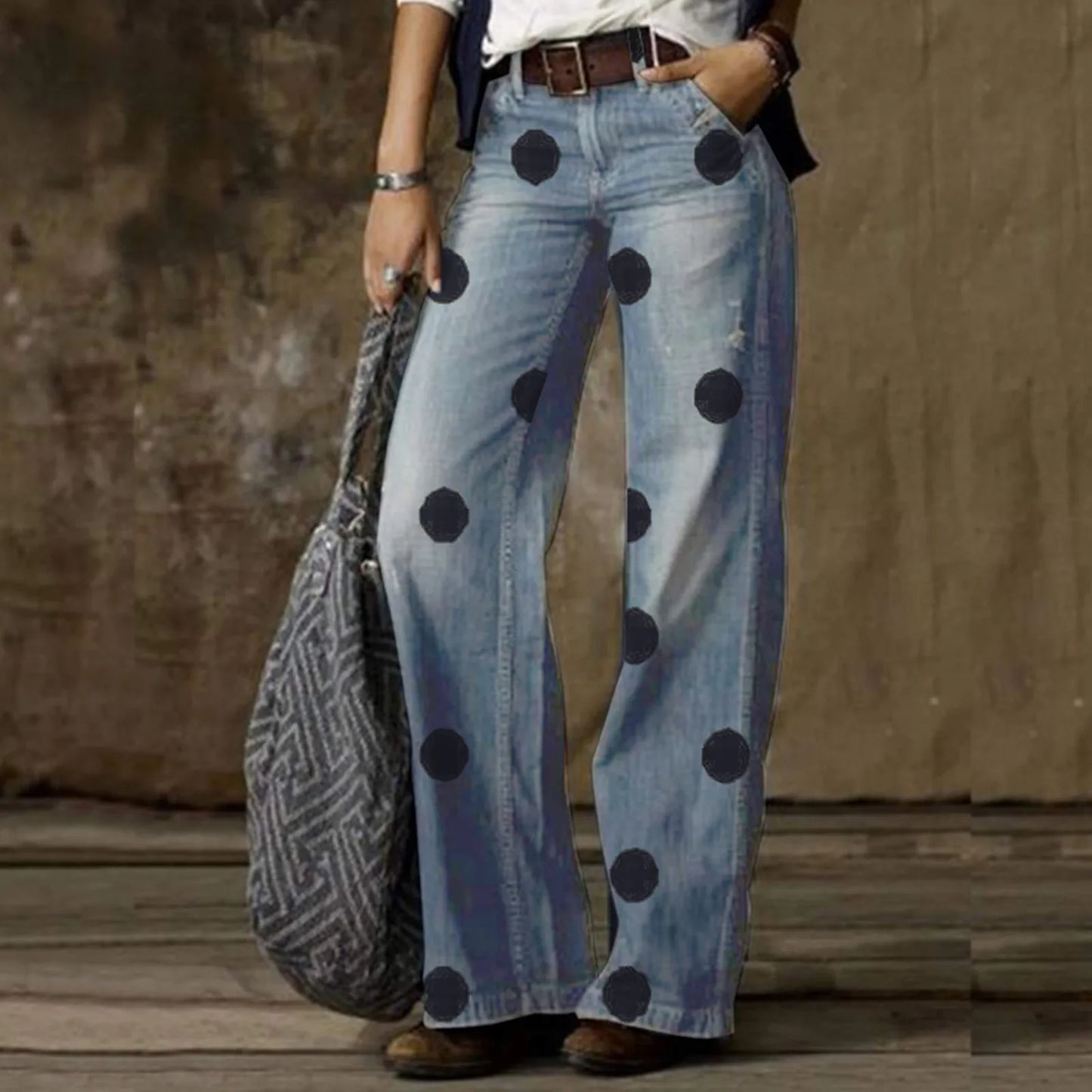 Vintage Polka Dot Wide-Leg Jeans