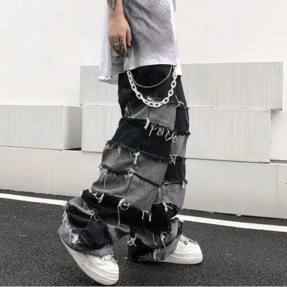 Tassel Jeans Men's Patchwork Wide Leg Lazy Style Hip Hop Loose Denim Pants Men Baggy Ripped Distressed Stacked Jeans Grunge