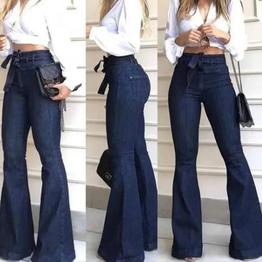 High-Waisted Flared Jeans with Tie Belt