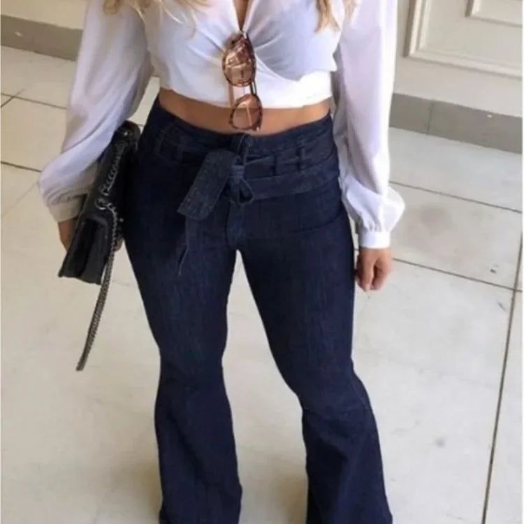 High-Waisted Flared Jeans with Tie Belt