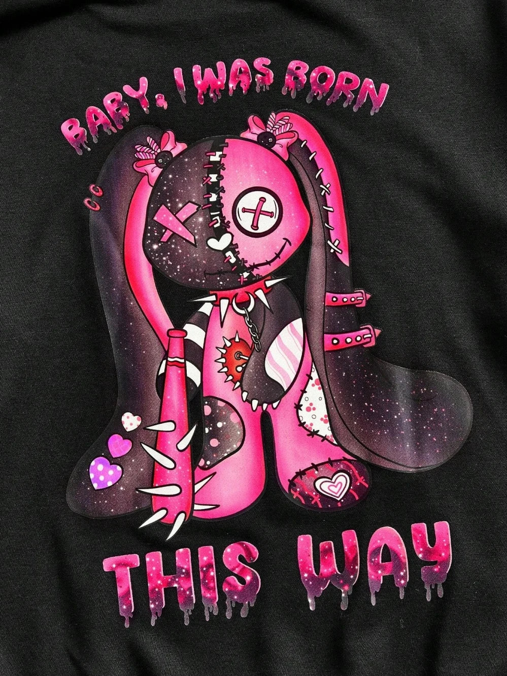 Black “Born This Way” Hoodie with Pink Heart Graphics