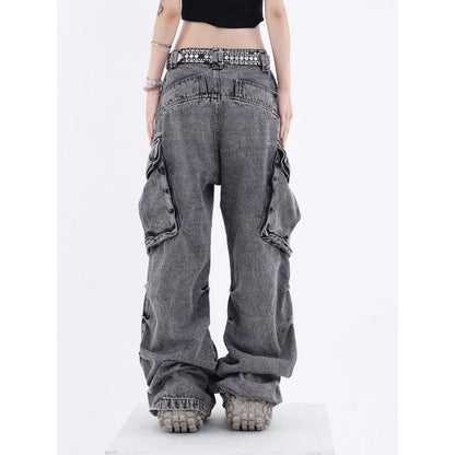 2023 new women Jeans pants American retro washed distressed design with pockets men's stacked wide leg straight leg couple jeans