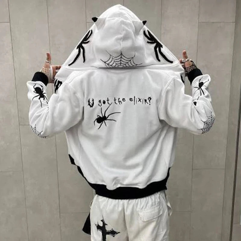 Men's Oversized Spider Print Zip Hoodie