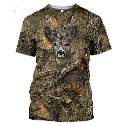 Men's and women's camouflage hunting animal 3D T-shirt, deer, wild boar, wolf print short sleeved shirt, urban fashion