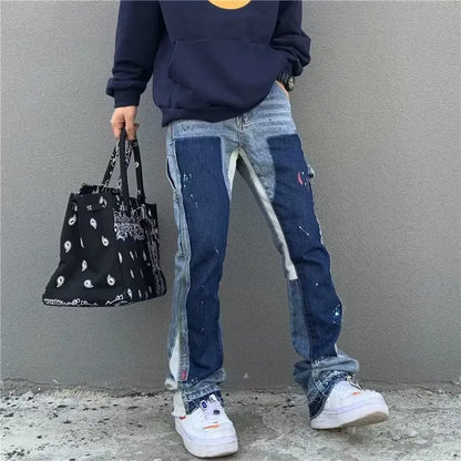 y2k Jeans Painting Patch Baggy Stacked Jeans Y2K Cargo Flare Pants For Men Clothing Washed Blue Denim Trousers pants for mens