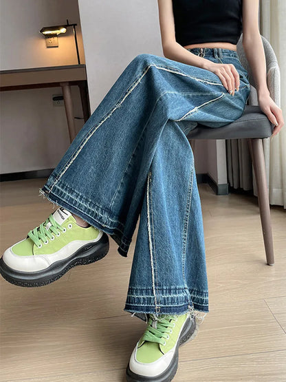 2023 Korean Y2K Fashion Vintage Blue Baggy Stacked Flare Jeans Pants Women Clothes Wide Leg Lady Casual Trousers Pantalon Femme