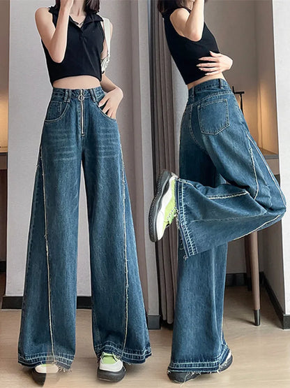 2023 Korean Y2K Fashion Vintage Blue Baggy Stacked Flare Jeans Pants Women Clothes Wide Leg Lady Casual Trousers Pantalon Femme