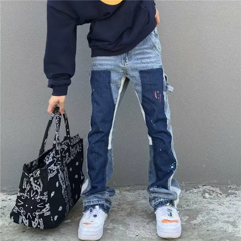 y2k Jeans Painting Patch Baggy Stacked Jeans Y2K Cargo Flare Pants For Men Clothing Washed Blue Denim Trousers pants for mens