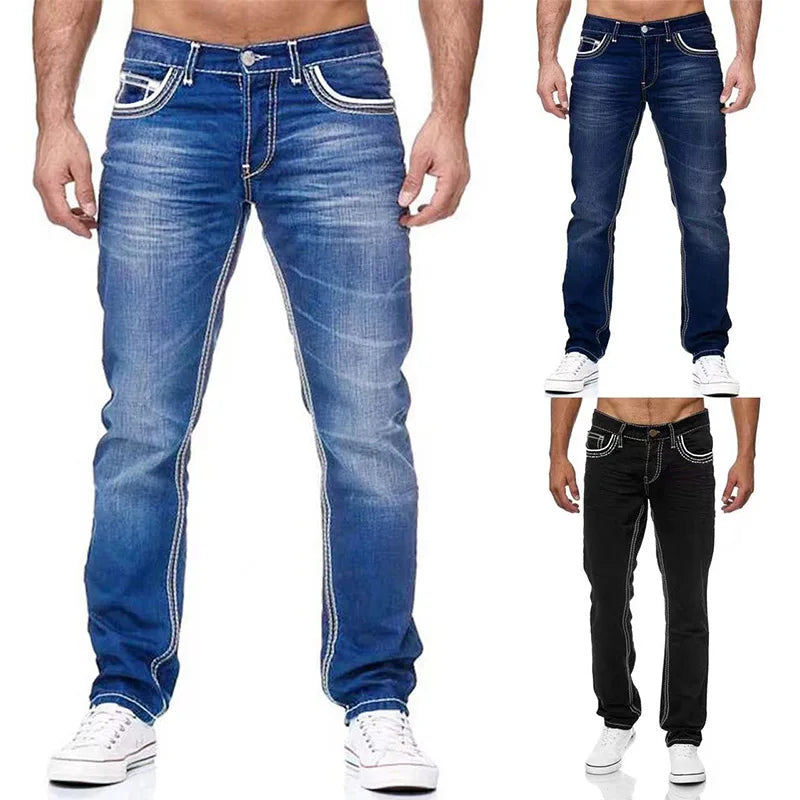 Solid Stretch Denim Straight Pants