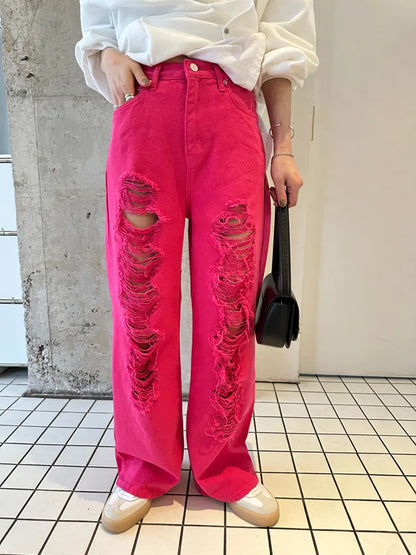 2024 Ropa Grunge Y2K Streetwear Red Stacked Ripped Baggy Jeans Pants Women Clothes Korean Fashion Lady Trousers Pantalon Femme