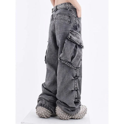 2023 new women Jeans pants American retro washed distressed design with pockets men's stacked wide leg straight leg couple jeans