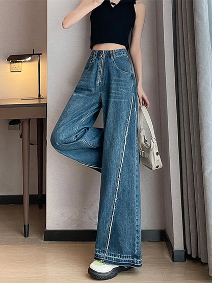 2023 Korean Y2K Fashion Vintage Blue Baggy Stacked Flare Jeans Pants Women Clothes Wide Leg Lady Casual Trousers Pantalon Femme