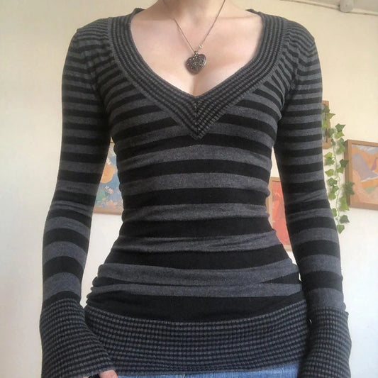 Striped Deep V-Neck Long Sleeve Top